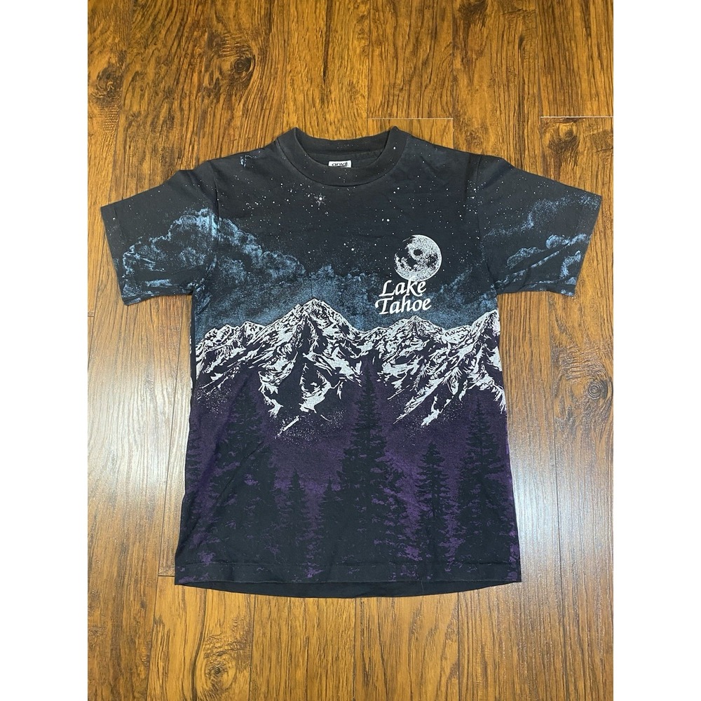 Vintage Anvil Lake‎ Tahoe Mountain Moon Graphic T-Shirt Mens Medium Black Purple